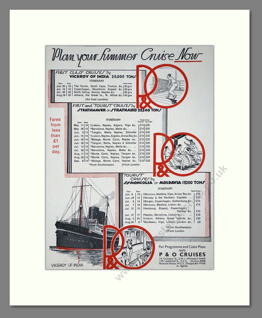 P And O - Summer Cruises. Vintage Advert 1934 (ref AD66655)