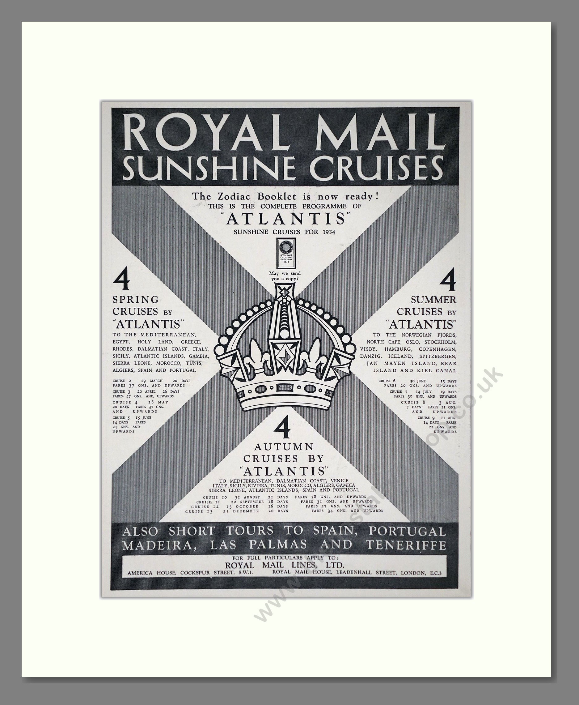 Royal Mail Line - Atlantis Cruise Ship. Vintage Advert 1934 (ref AD66657)