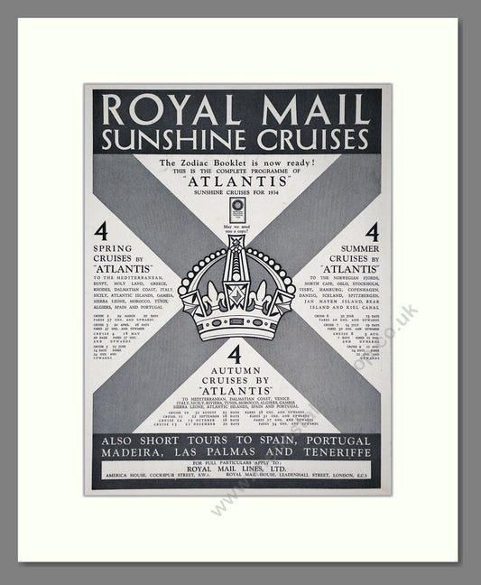 Royal Mail Line - Atlantis Cruise Ship. Vintage Advert 1934 (ref AD66657)