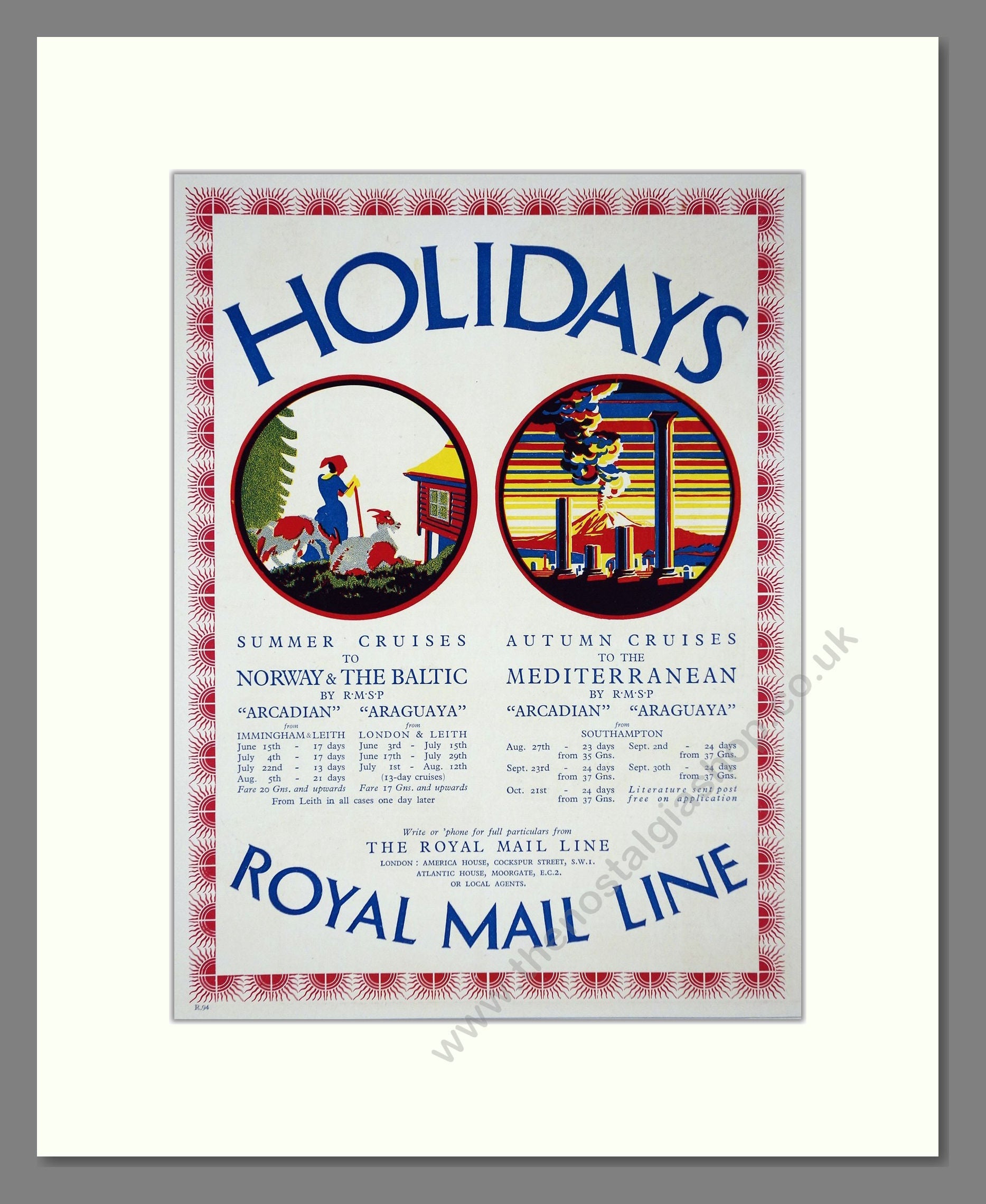 Royal Mail Line - Arcadian / Araguaya Steamers. Vintage Advert 1927 (ref AD66658)