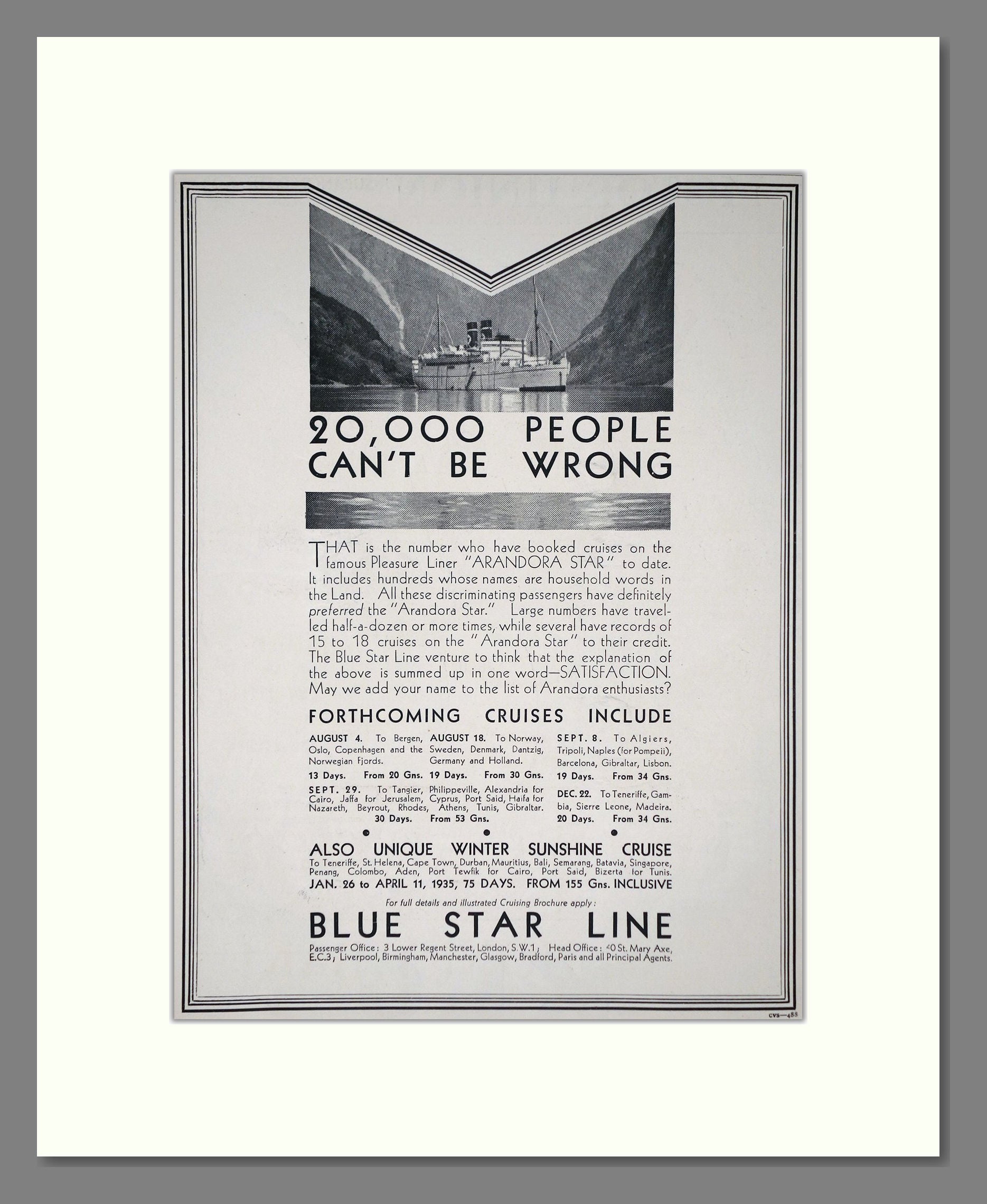 Blue Star Line - Arandora Star Ship. Vintage Advert 1934 (ref AD66666)