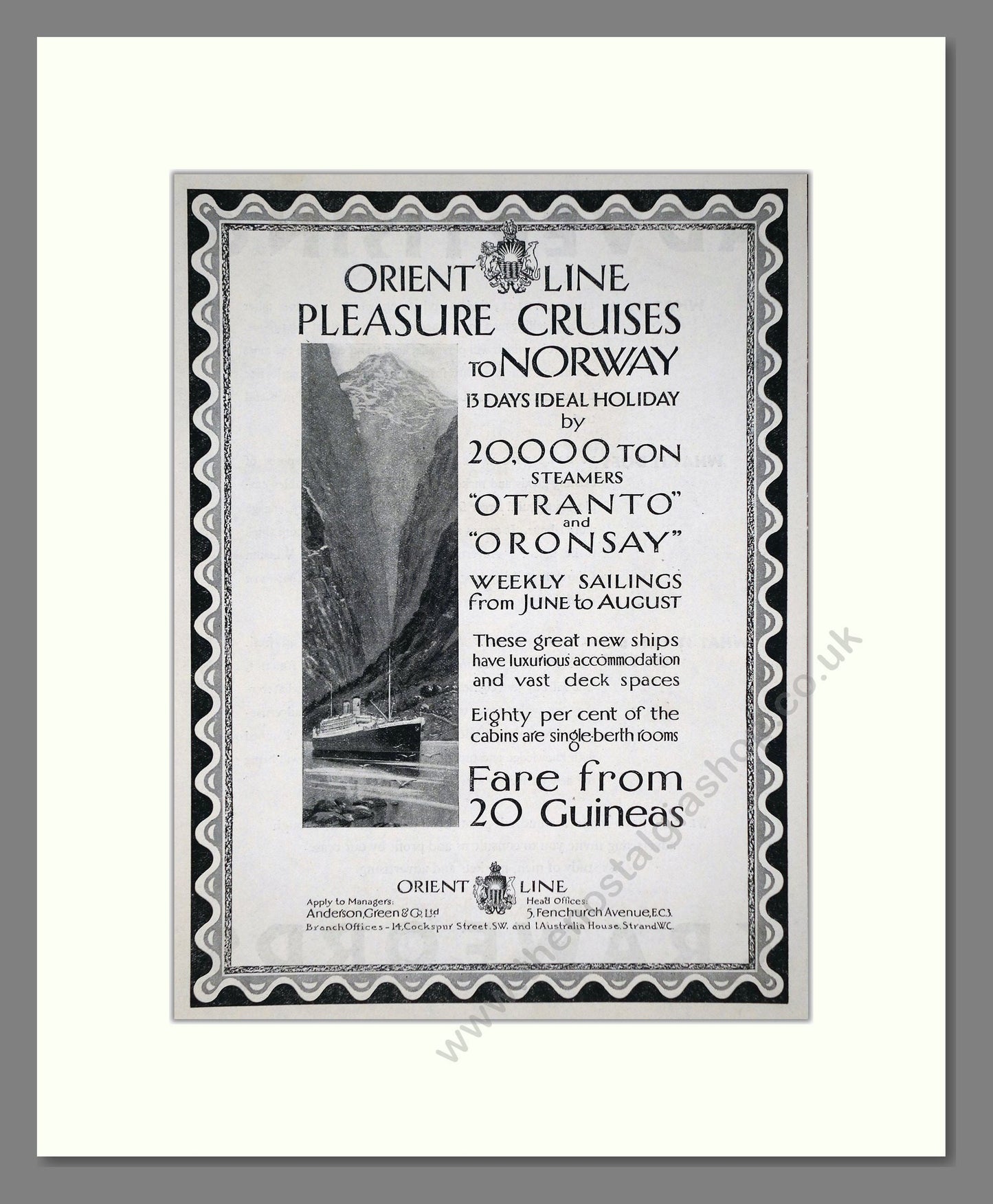 Orient Line - Oronsay / Otranto Steamers. Vintage Advert 1926 (ref AD66667)