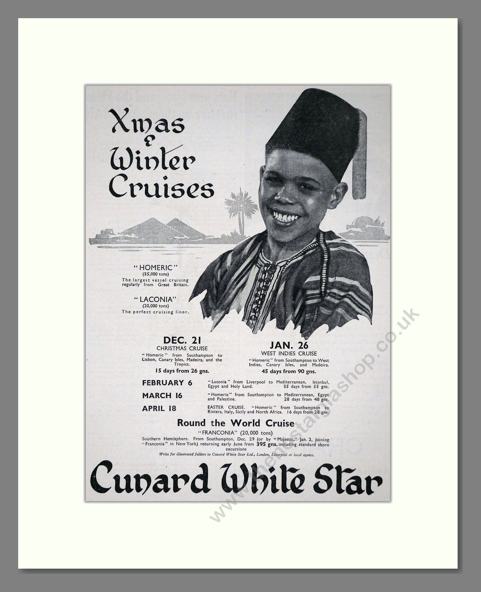Cunard White Star - Homeric / Laconia Cruis Ships. Vintage Advert 1934 (ref AD66674)