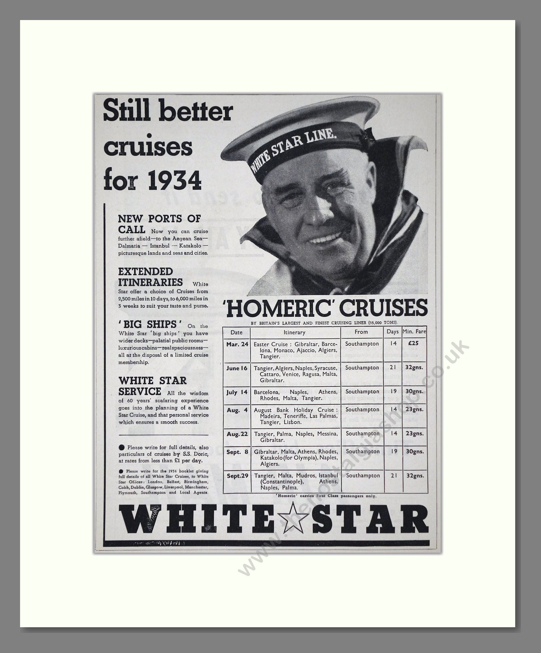 Cunard White Star - Homeric Ship. Vintage Advert 1934 (ref AD66675)