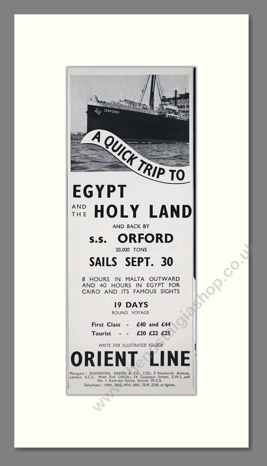 Orient Line - Egypt / Holy Land Cruise. Vintage Advert 1939 (ref AD66677)