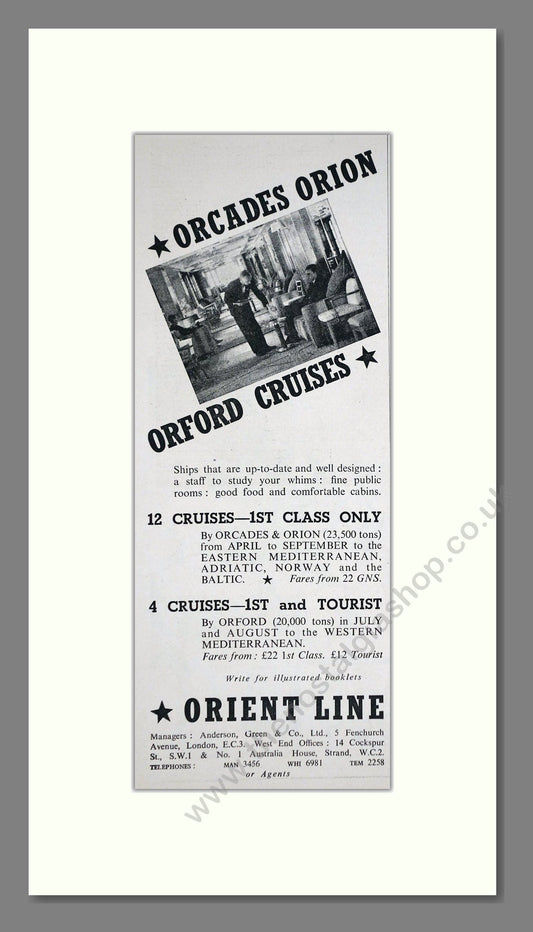 Orient Line - Orcades / Orford Cruise Ship. Vintage Advert 1938 (ref AD66678)
