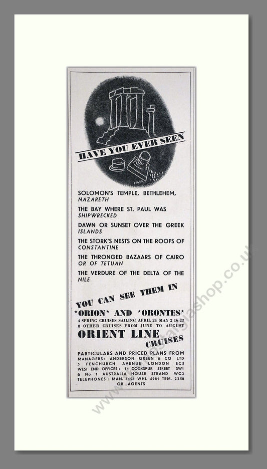 Orient Line - Orontes / Orion Cruise Ships. Vintage Advert 1936 (ref AD66702)