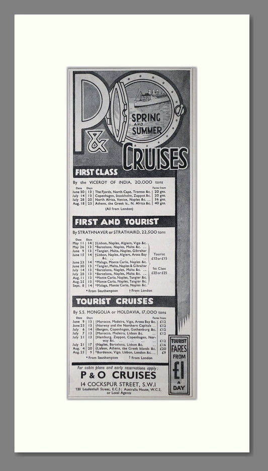 P And O - Spring / Summer Cruises. Vintage Advert 1934 (ref AD66716)