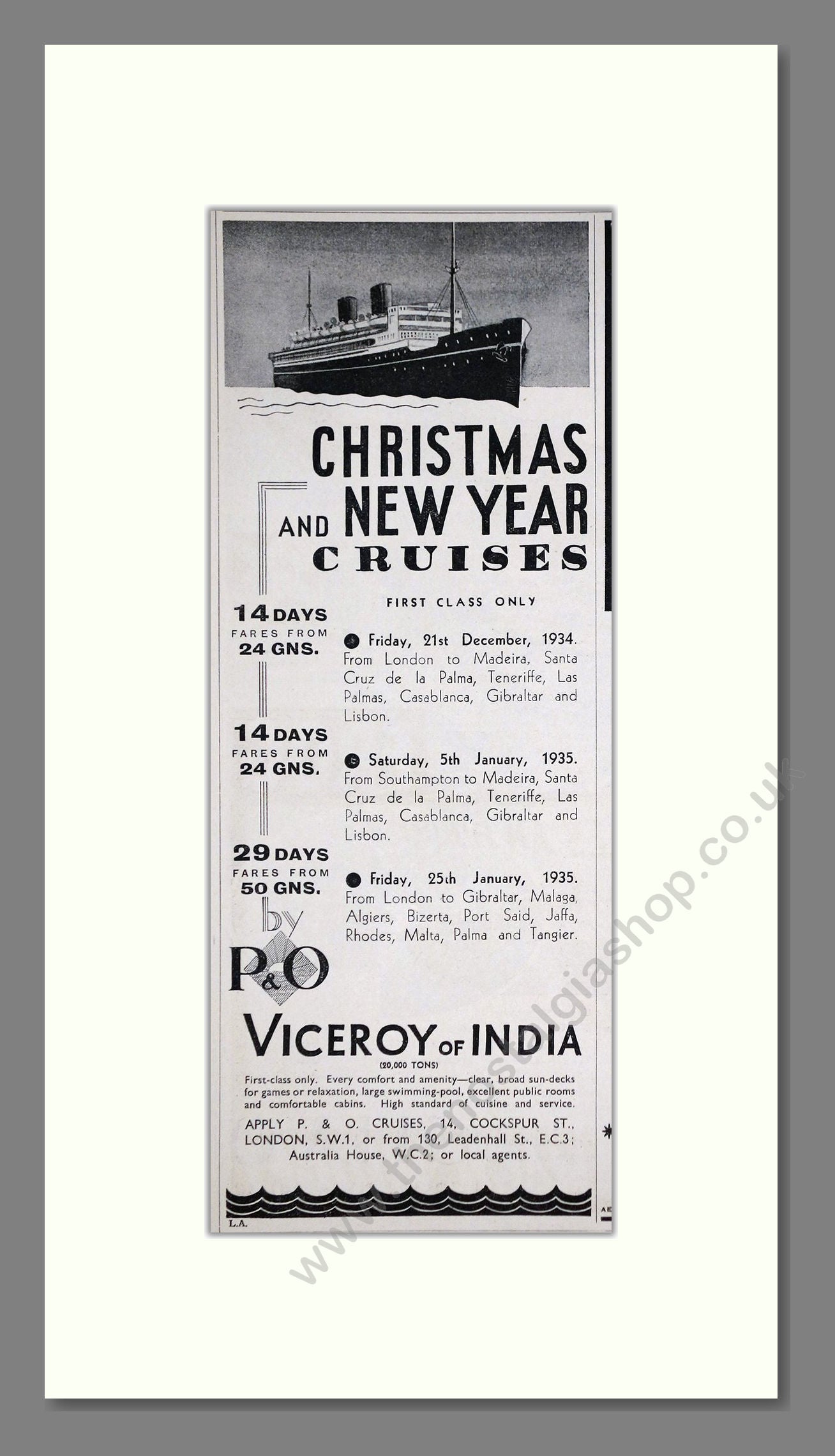 P And O - Viceroy Of India Christmas Cruise. Vintage Advert 1934 (ref AD66725)