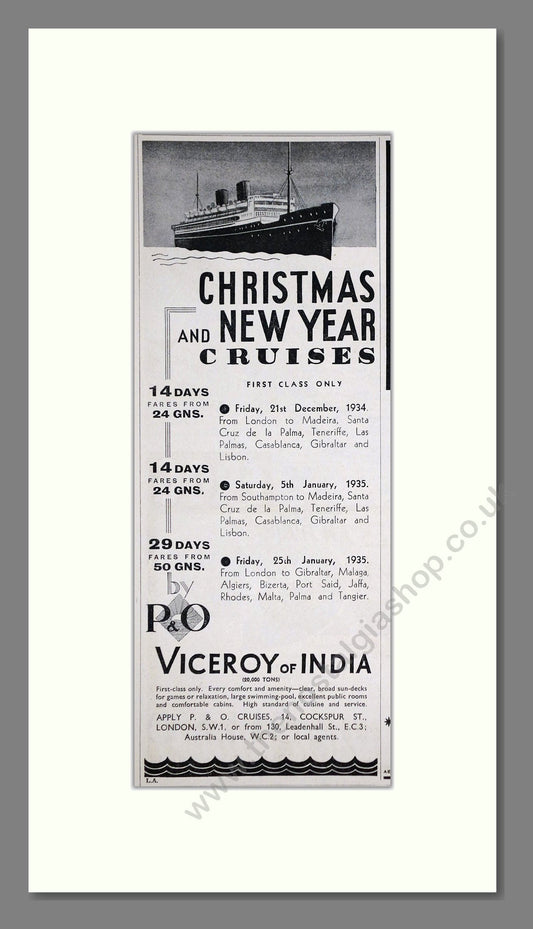 P And O - Viceroy Of India Christmas Cruise. Vintage Advert 1934 (ref AD66725)