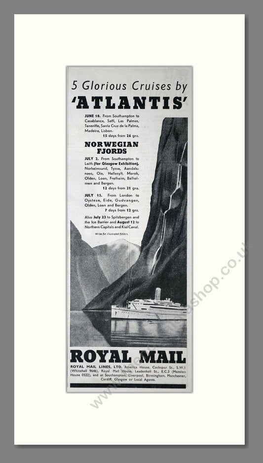 Royal Mail Line - Atlantis Cruise Ship. Vintage Advert 1938 (ref AD66728)