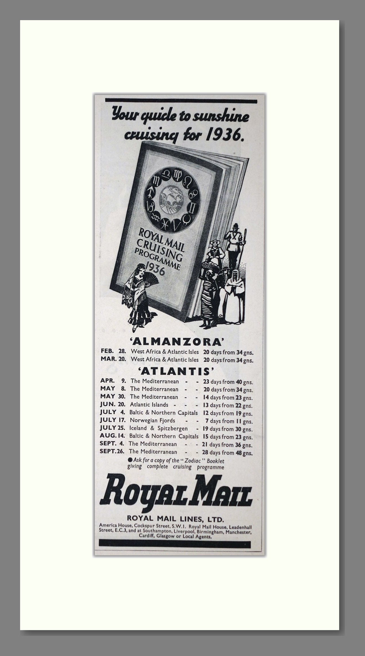 Royal Mail Line - Almanzora / Atlantis Cruise Ships. Vintage Advert 1936 (ref AD66729)
