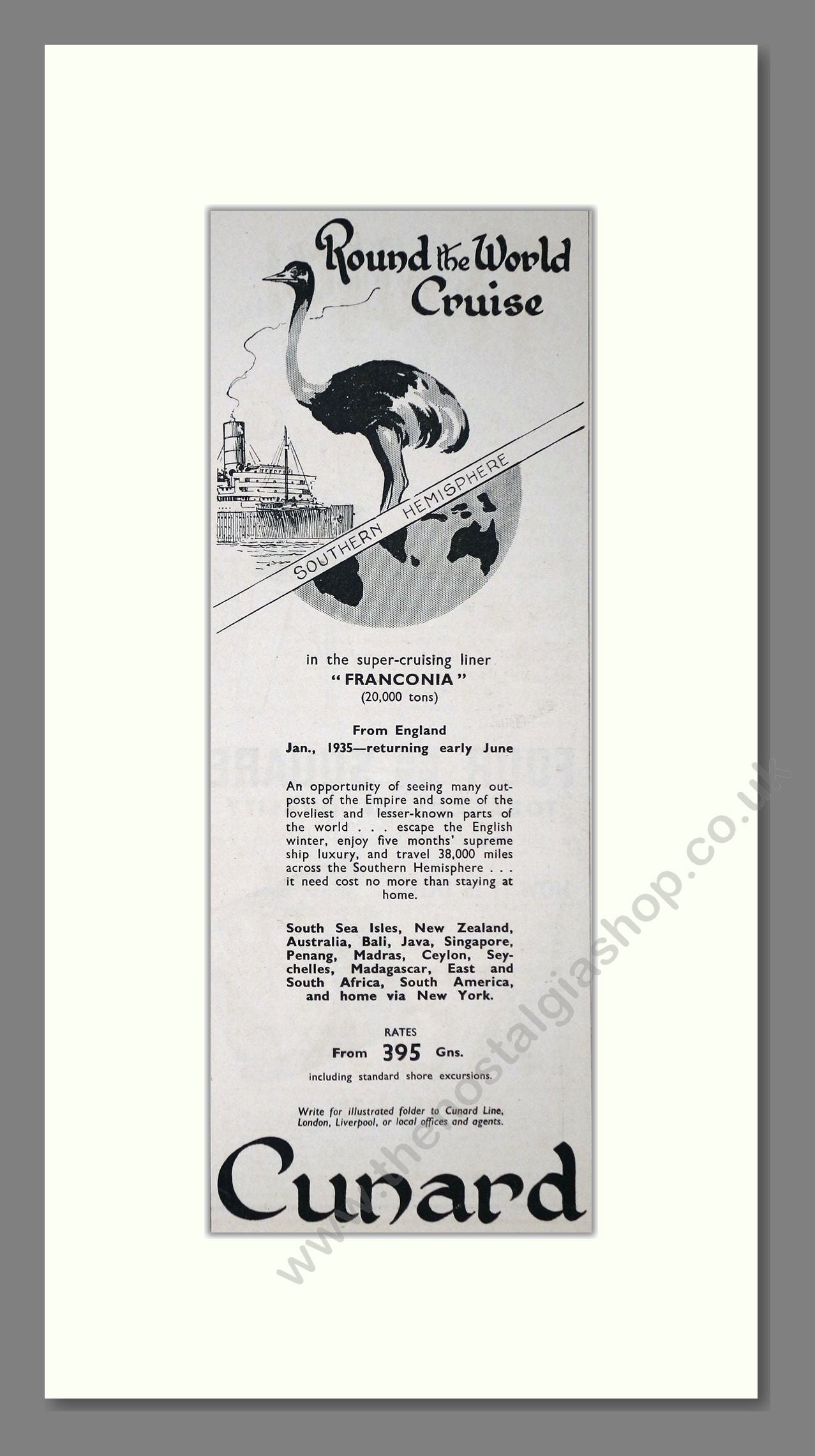 Cunard - Round The World Cruise Franconia. Vintage Advert 1934 (ref AD66730)