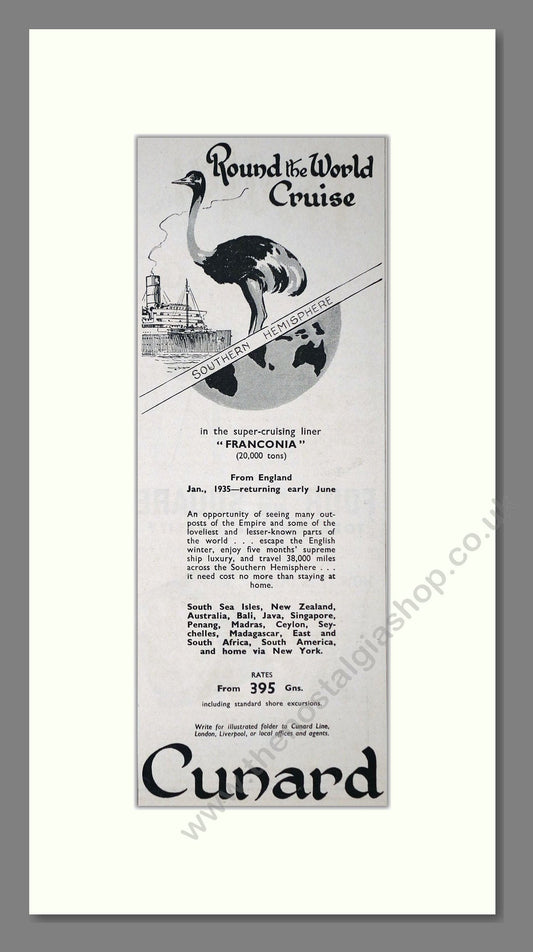 Cunard - Round The World Cruise Franconia. Vintage Advert 1934 (ref AD66730)