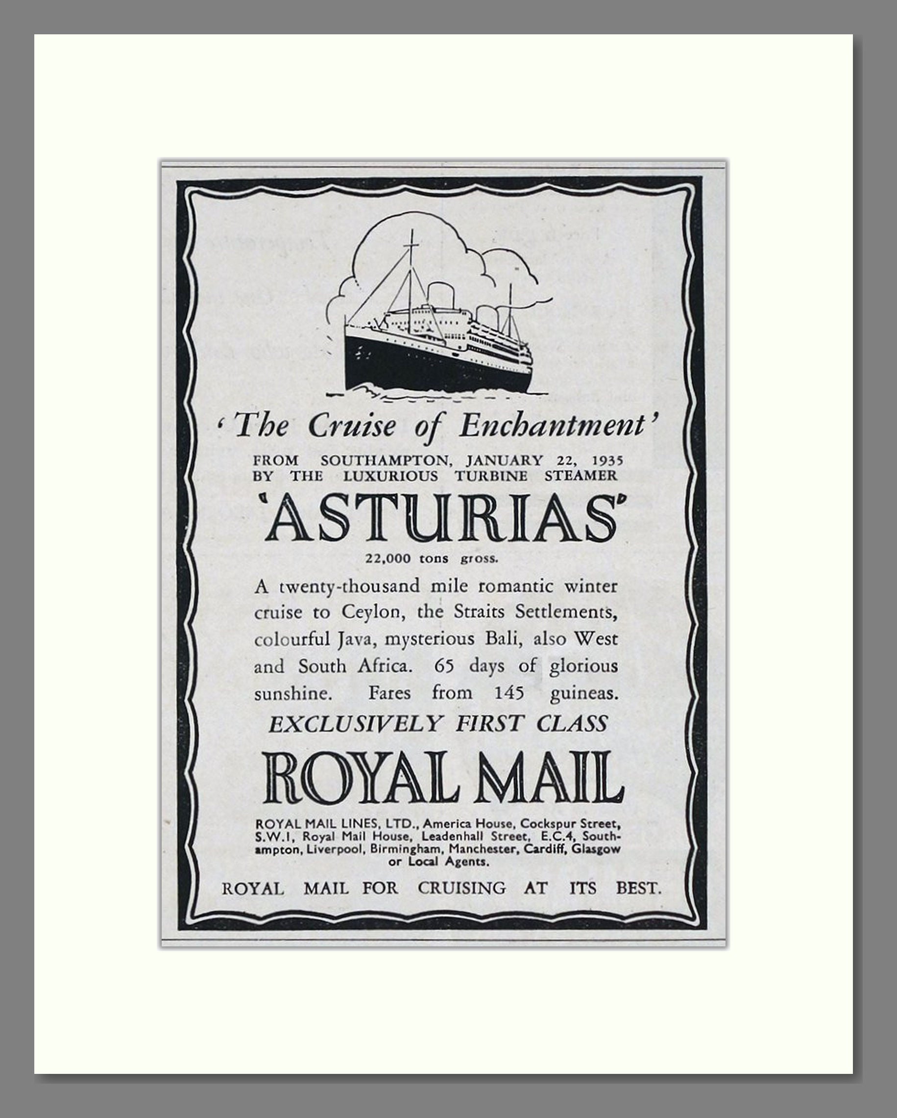 Royal Mail Line - Asturias Cruise Ship. Vintage Advert 1934 (ref AD66735)