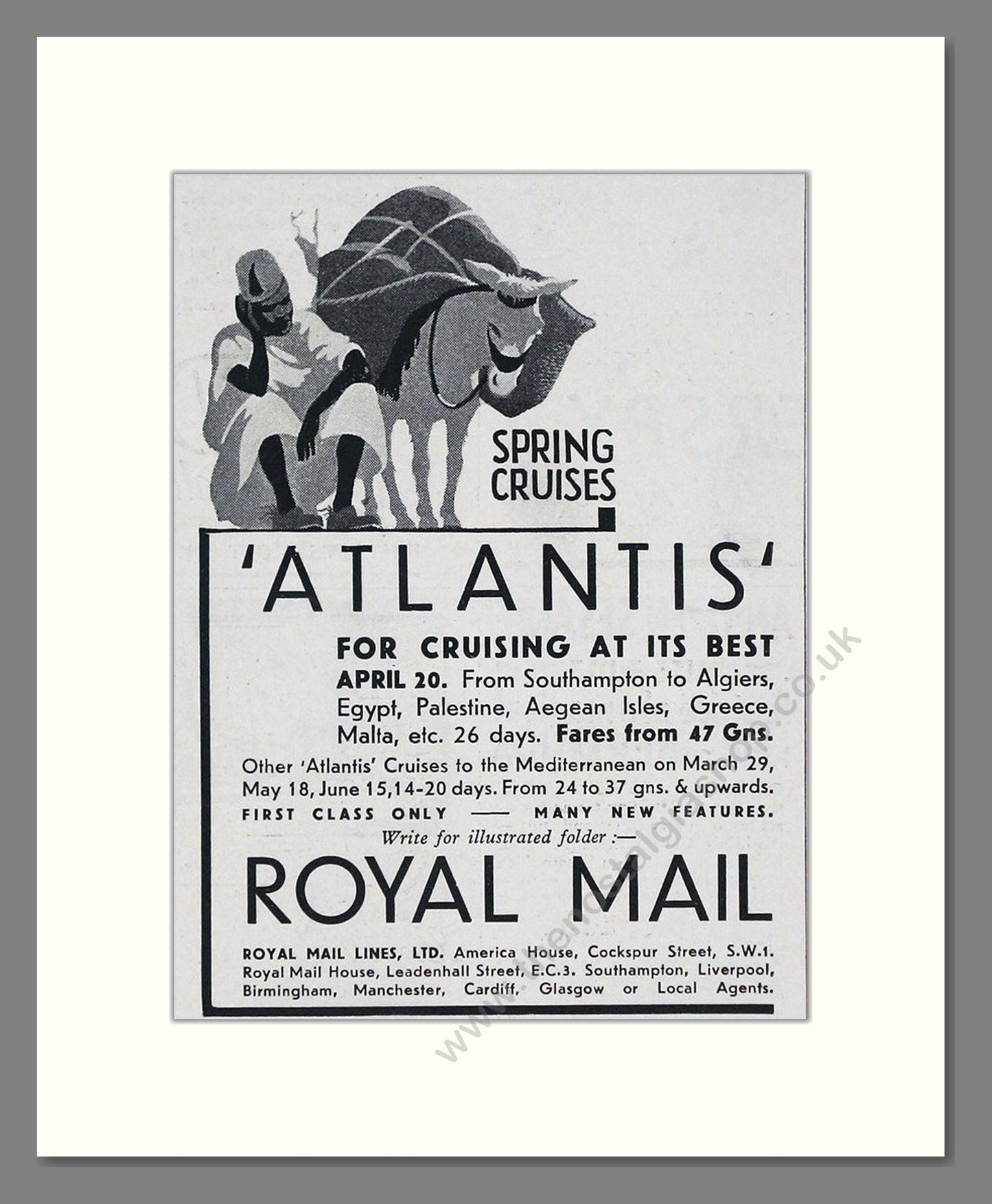 Royal Mail Line - Atlantis Cruise Ship. Vintage Advert 1934 (ref AD66736)
