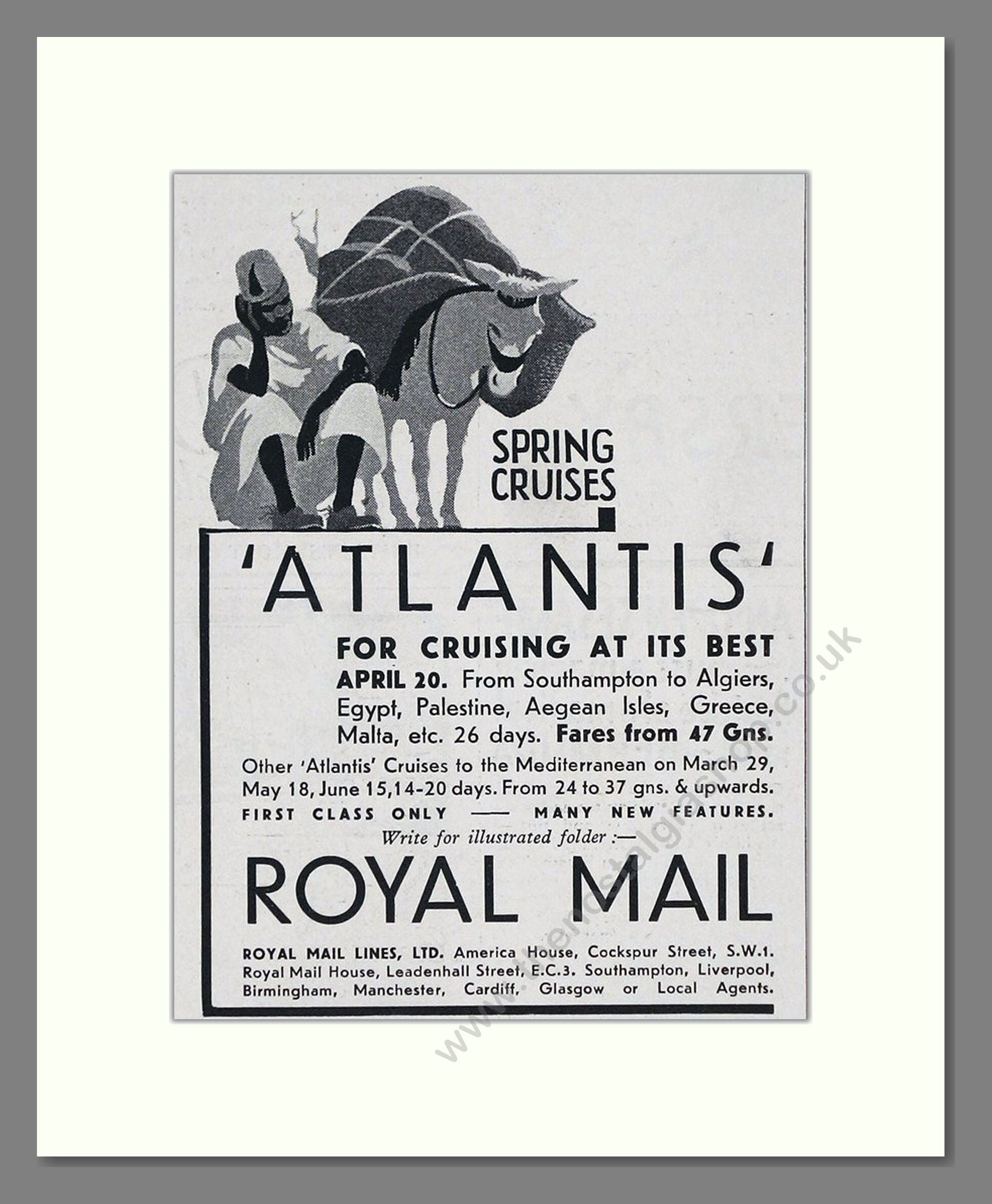 Royal Mail Line - Atlantis Cruise Ship. Vintage Advert 1934 (ref AD66736)