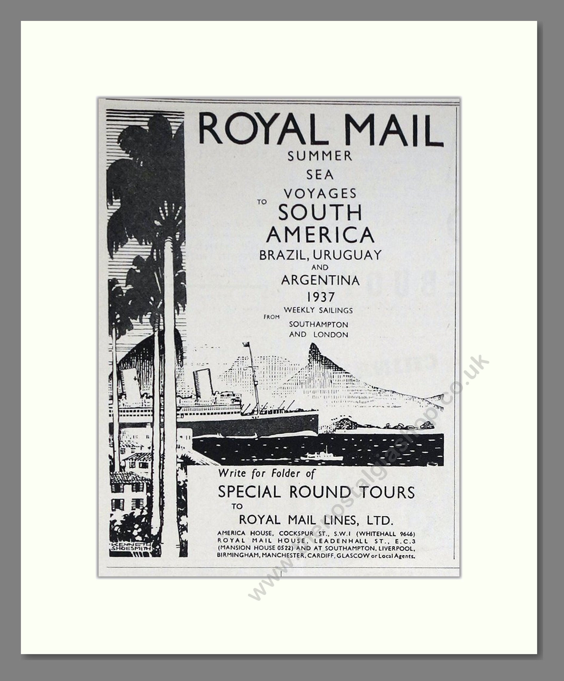 Royal Mail Line - South American Cruises. Vintage Advert 1937 (ref AD66738)