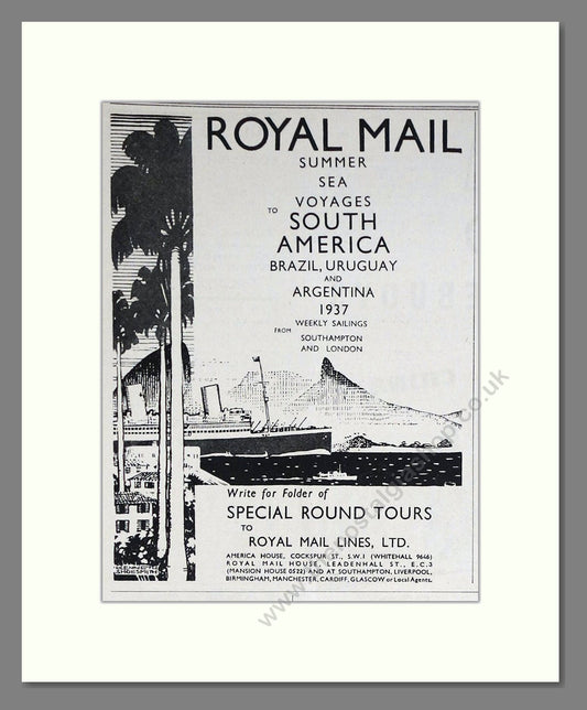 Royal Mail Line - South American Cruises. Vintage Advert 1937 (ref AD66738)