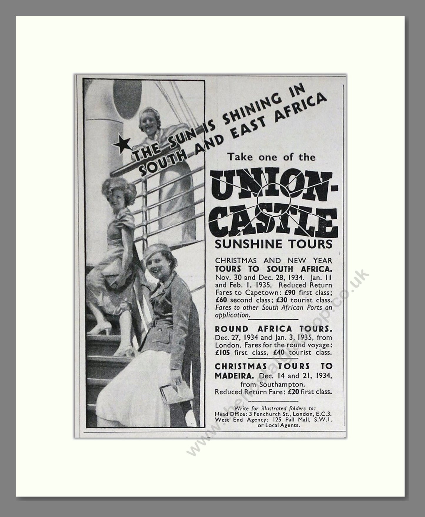 Union Castle - Sunshine Tours. Vintage Advert 1934 (ref AD66739)