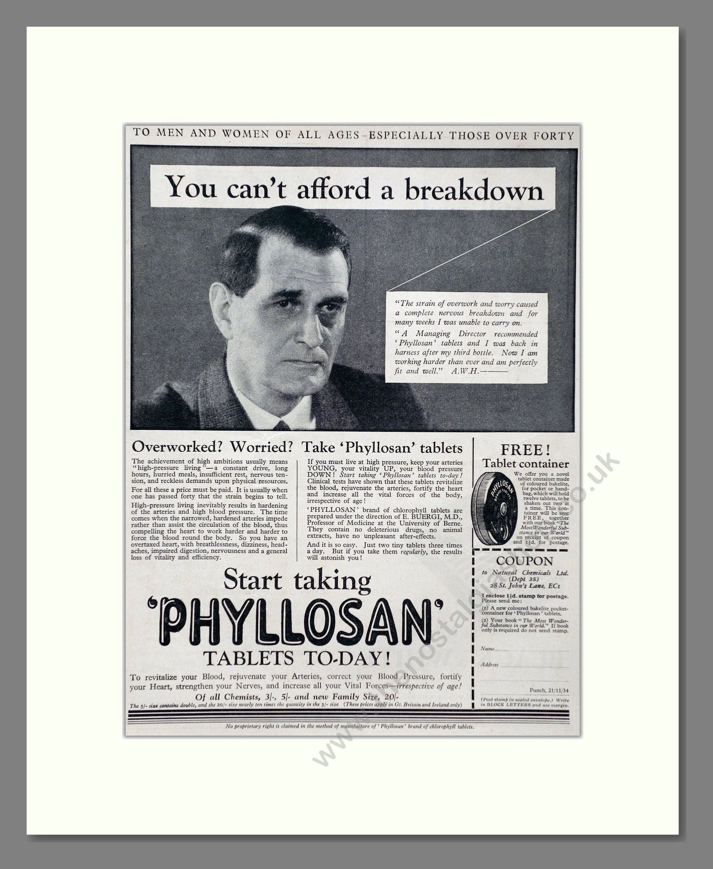 Phyllosan - Chlorophyll Tablets. Vintage Advert 1934 (ref AD66811)