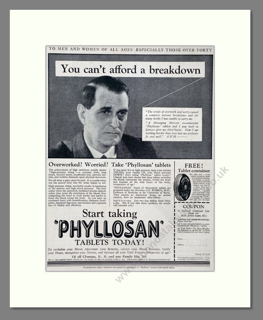 Phyllosan - Chlorophyll Tablets. Vintage Advert 1934 (ref AD66811)