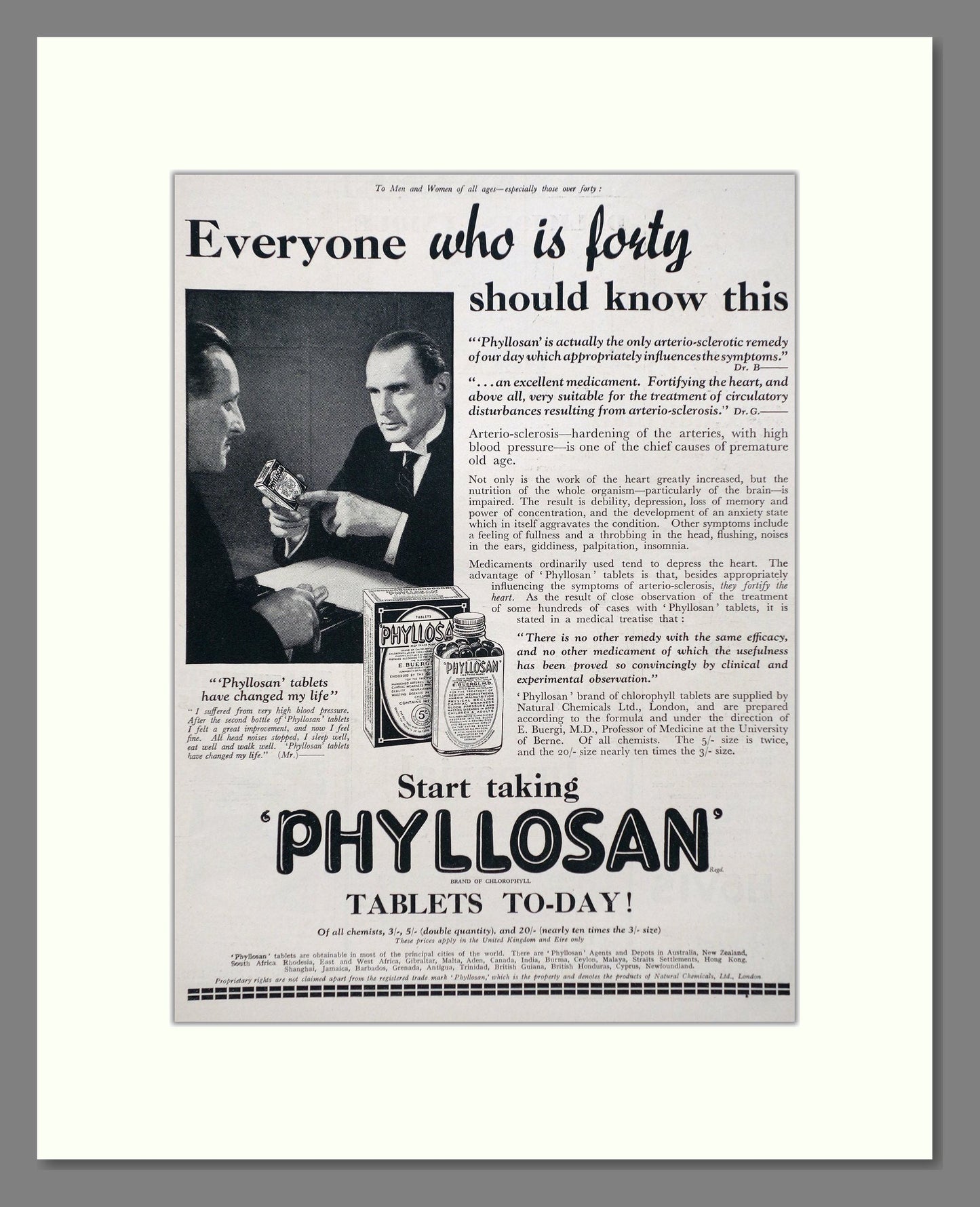 Phyllosan - Chlorophyll Tablets. Vintage Advert 1938 (ref AD66812)