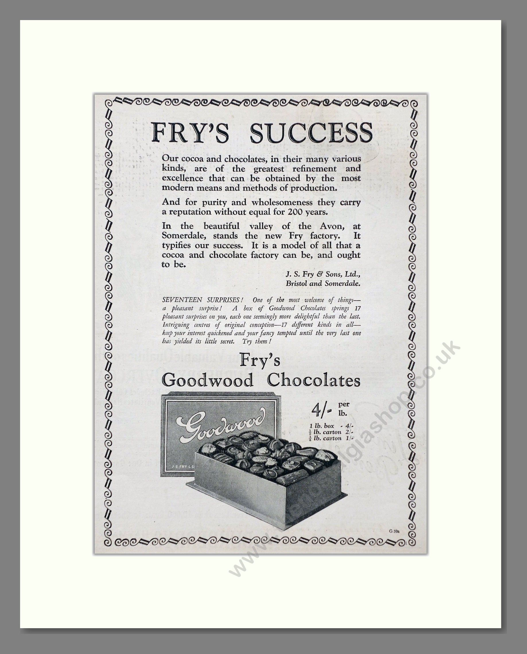 Fry's - Goodwood Chocolates. Vintage Advert 1926 (ref AD66814)