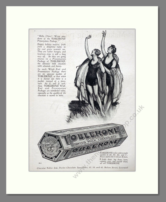 Toblerone - Swiss Chocolate. Vintage Advert 1927 (ref AD66824)