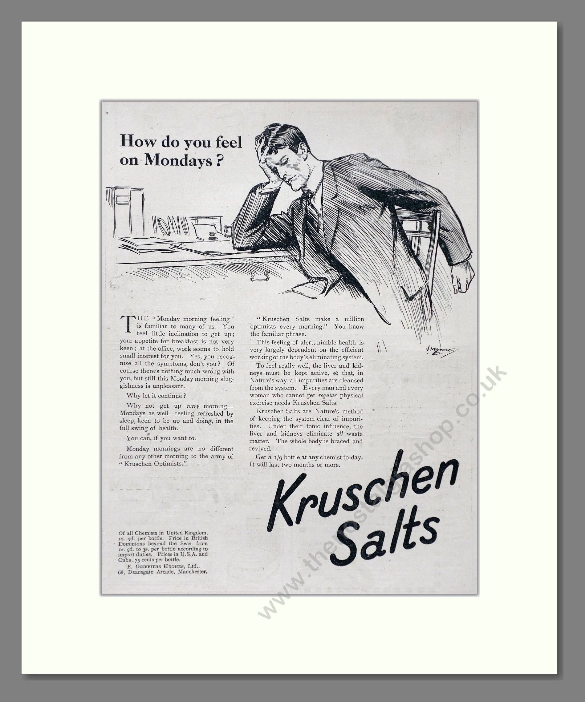 Kruschen Salts - Laxative And Diuretic Tonic. Vintage Advert 1920 (ref AD66827)