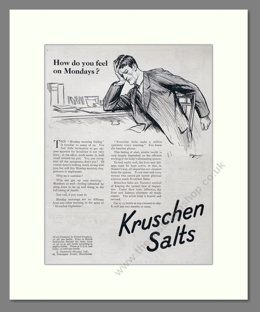 Kruschen Salts - Laxative And Diuretic Tonic. Vintage Advert 1920 (ref AD66827)
