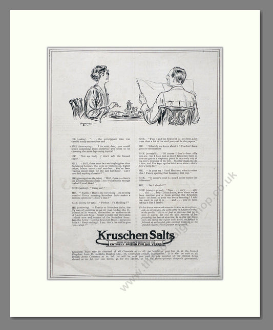 Kruschen Salts - Laxative And Diuretic Tonic. Vintage Advert 1920 (ref AD66828)