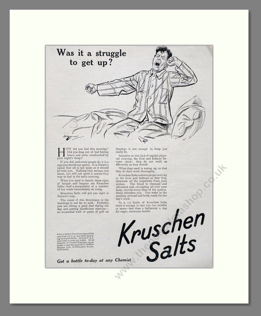Kruschen Salts - Laxative And Diuretic Tonic. Vintage Advert 1920 (ref AD66829)