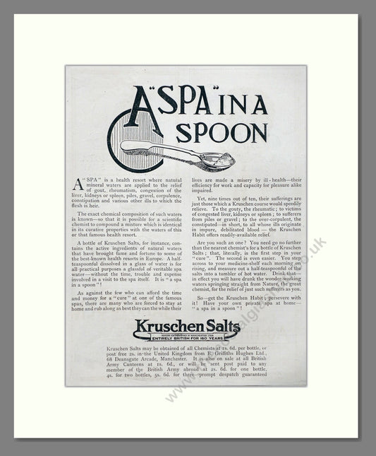 Kruschen Salts - Laxative And Diuretic Tonic. Vintage Advert 1919 (ref AD66830)