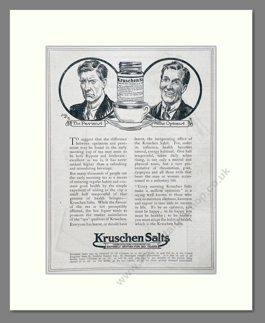Kruschen Salts - Laxative And Diuretic Tonic. Vintage Advert 1920 (ref AD66832)