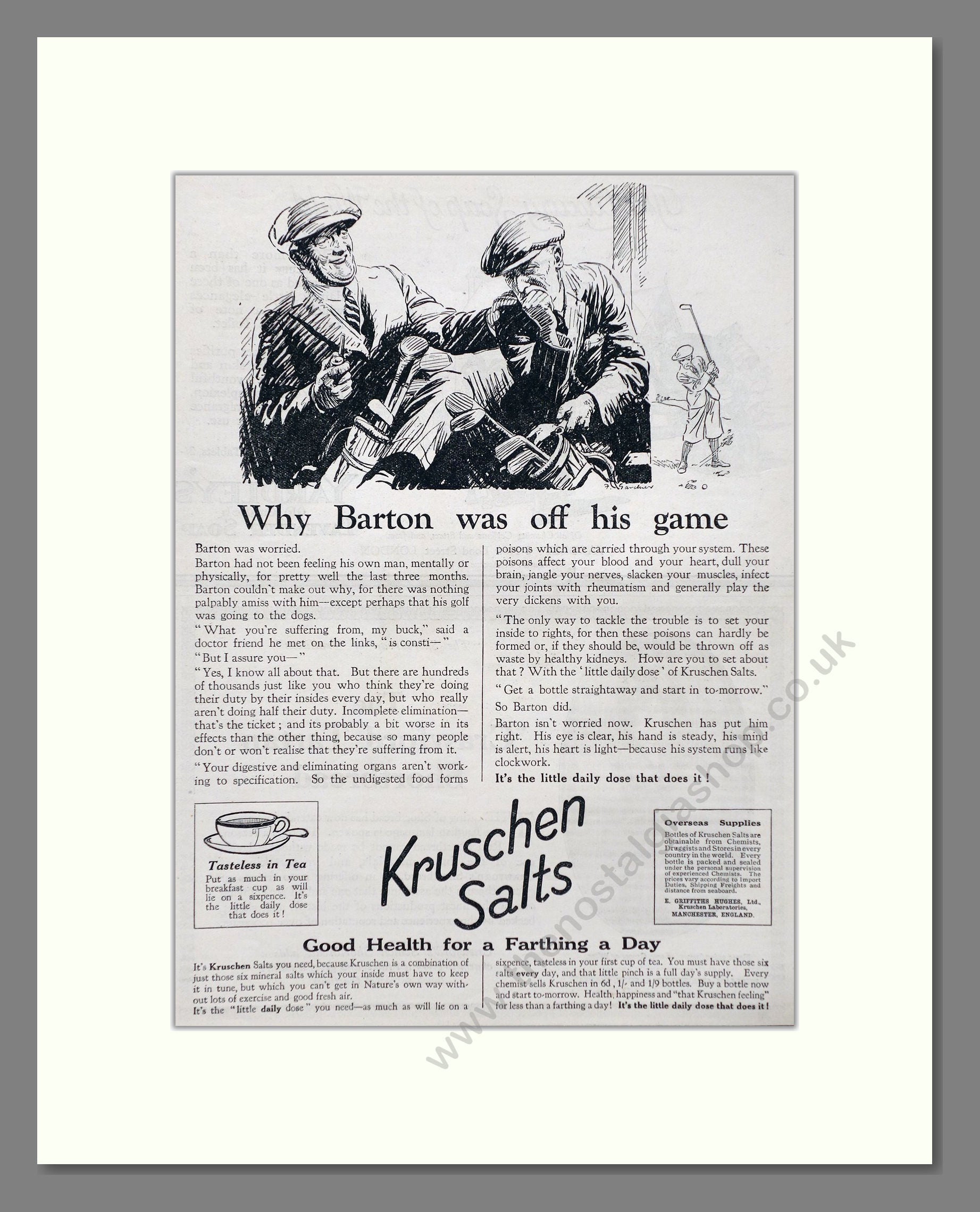 Kruschen Salts - Laxative And Diuretic Tonic. Vintage Advert 1926 (ref AD66833)