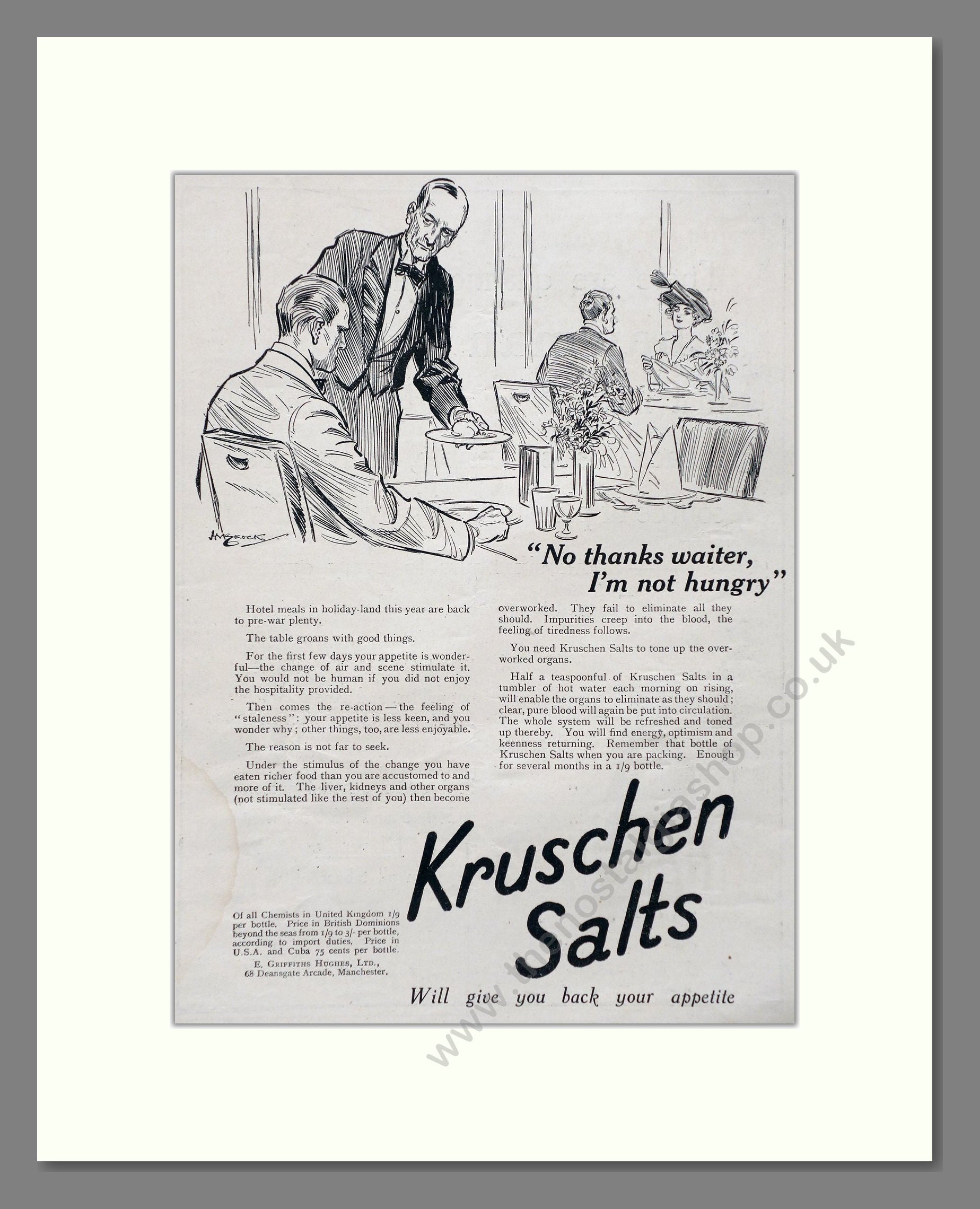 Kruschen Salts - Laxative And Diuretic Tonic. Vintage Advert 1920 (ref AD66835)