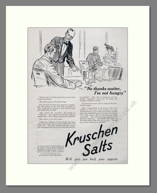 Kruschen Salts - Laxative And Diuretic Tonic. Vintage Advert 1920 (ref AD66835)