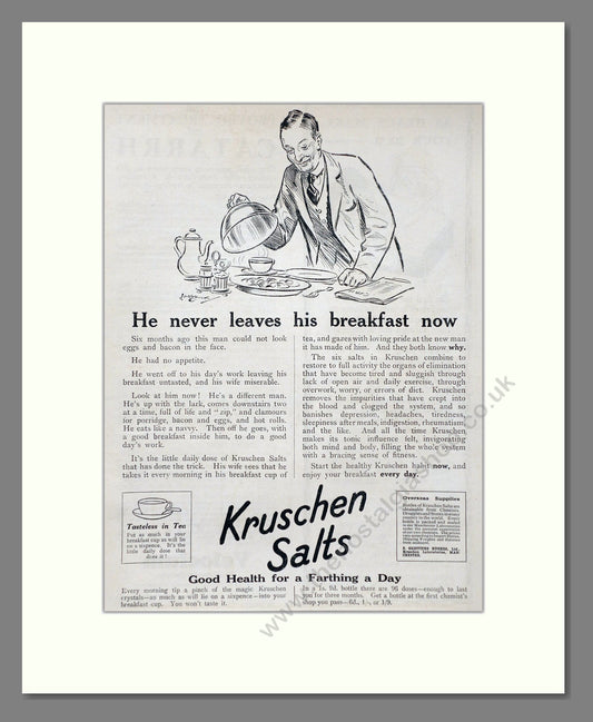 Kruschen Salts - Laxative And Diuretic Tonic. Vintage Advert 1927 (ref AD66838)