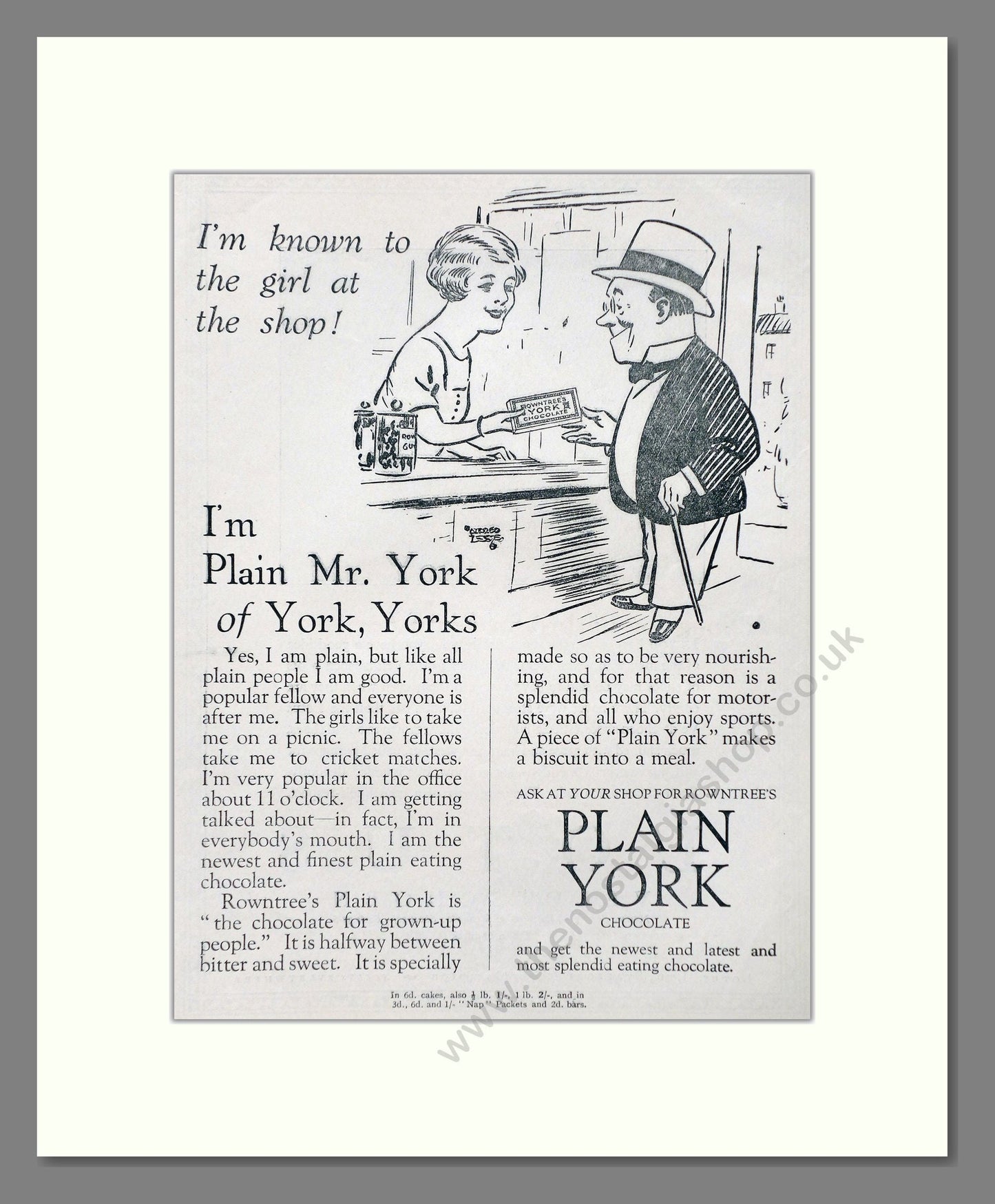 Rowntree's - Plain York Chocolate. Vintage Advert 1926 (ref AD66847)