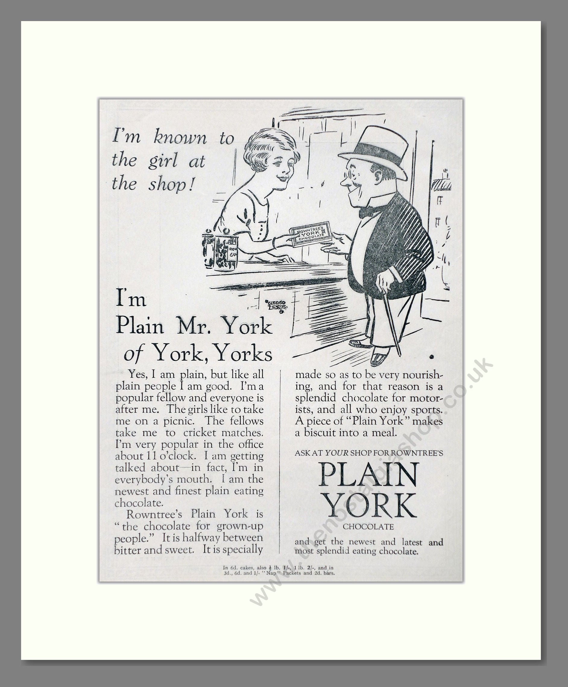 Rowntree's - Plain York Chocolate. Vintage Advert 1926 (ref AD66847)