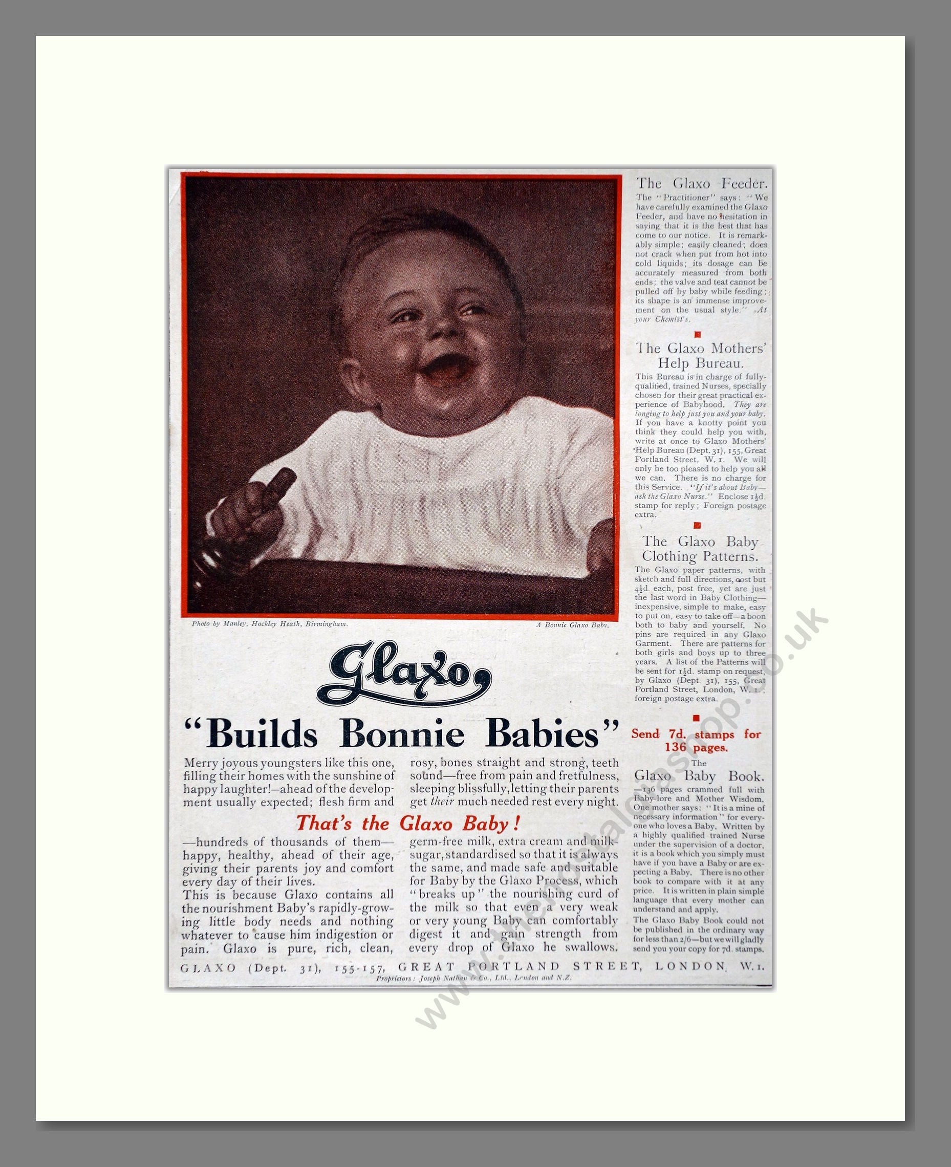 Glaxo - Baby Milk Builds Bonnie Babies. Vintage Advert 1919 (ref AD66859)