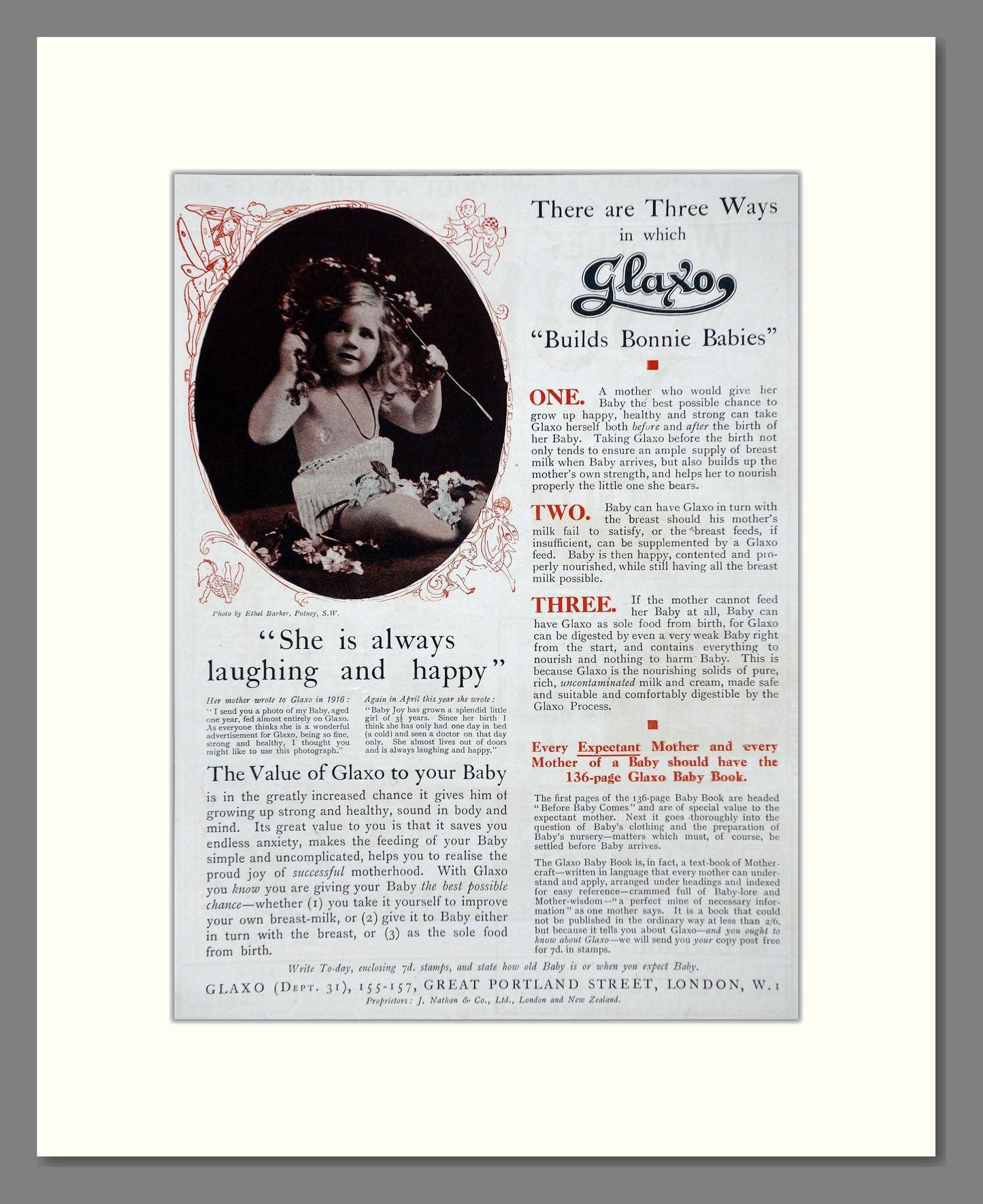 Glaxo - Baby Milk Builds Bonnie Babies. Vintage Advert 1919 (ref AD66861)