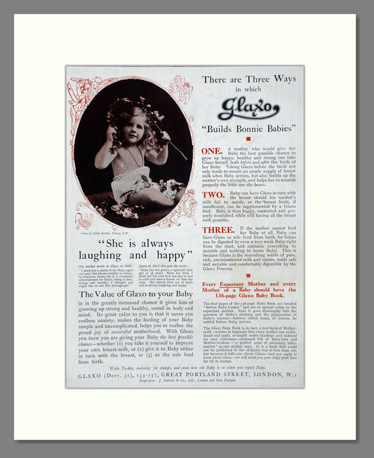 Glaxo - Baby Milk Builds Bonnie Babies. Vintage Advert 1919 (ref AD66861)