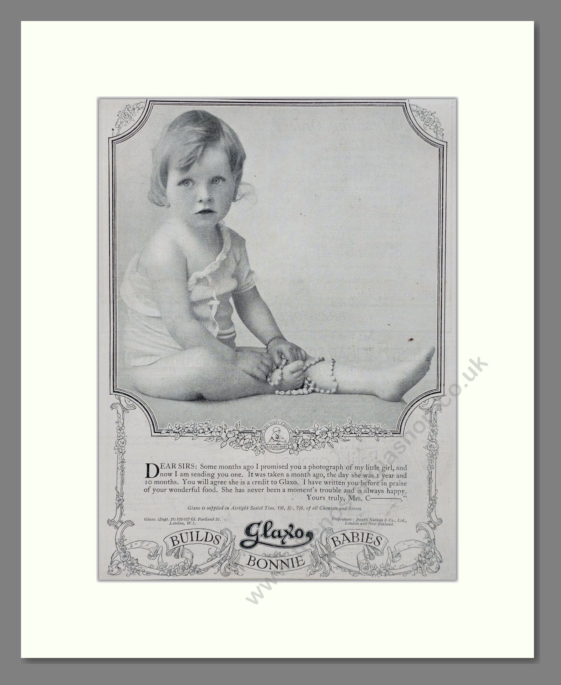 Glaxo - Baby Milk Builds Bonnie Babies. Vintage Advert 1919 (ref AD66862)
