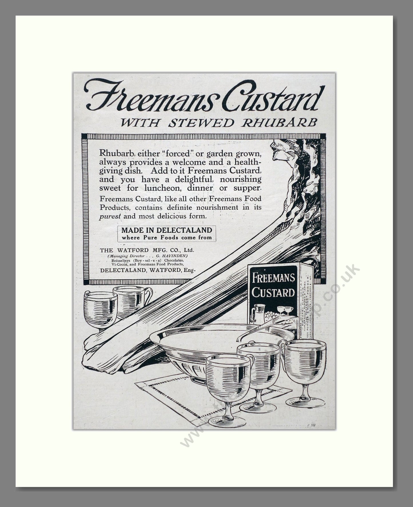 Freemans - Custard With Rhubarb. Vintage Advert 1919 (ref AD66867)