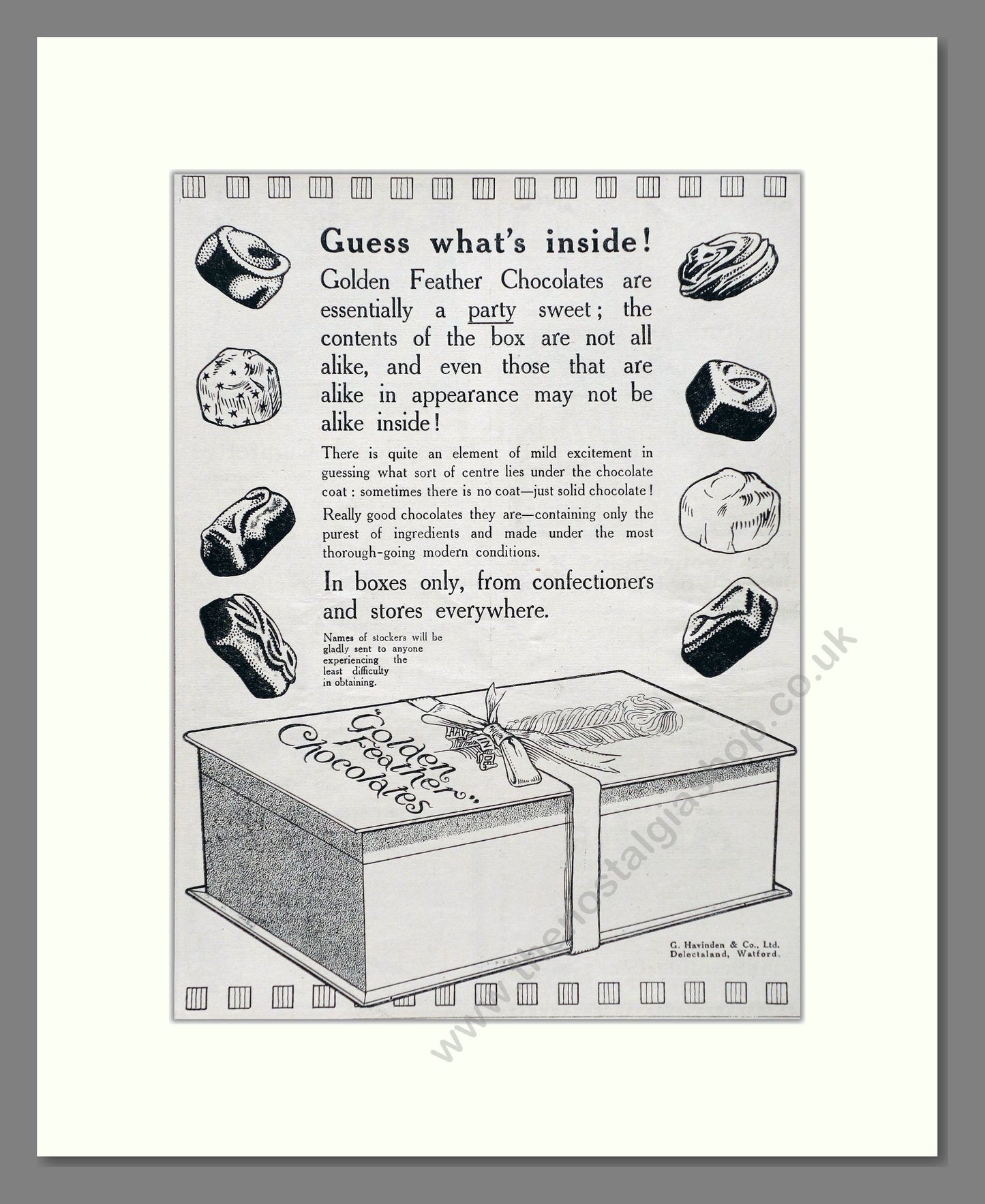 Havingden's - Golden Feather Chocolates. Vintage Advert 1920 (ref AD66879)