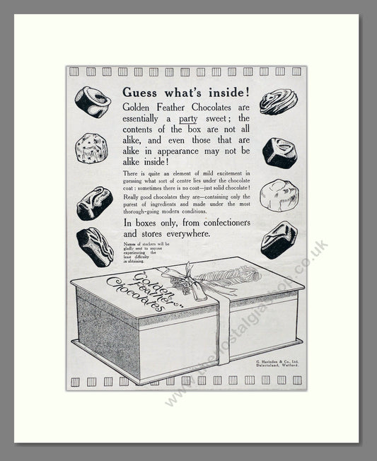 Havingden's - Golden Feather Chocolates. Vintage Advert 1920 (ref AD66879)