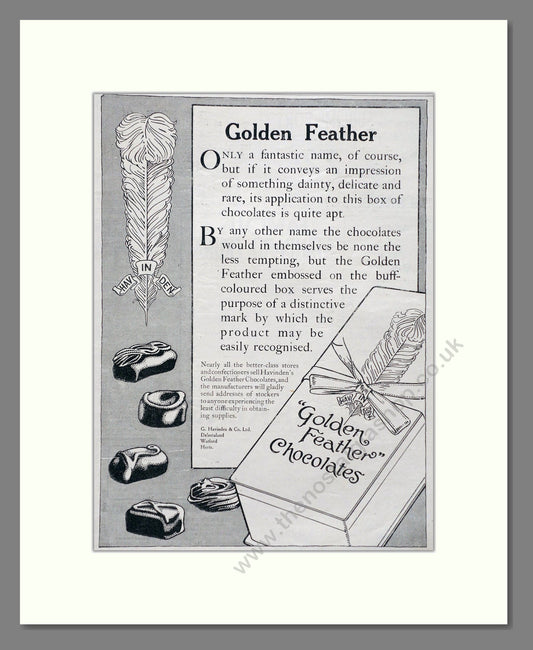 Havingden's - Golden Feather Chocolates. Vintage Advert 1920 (ref AD66880)