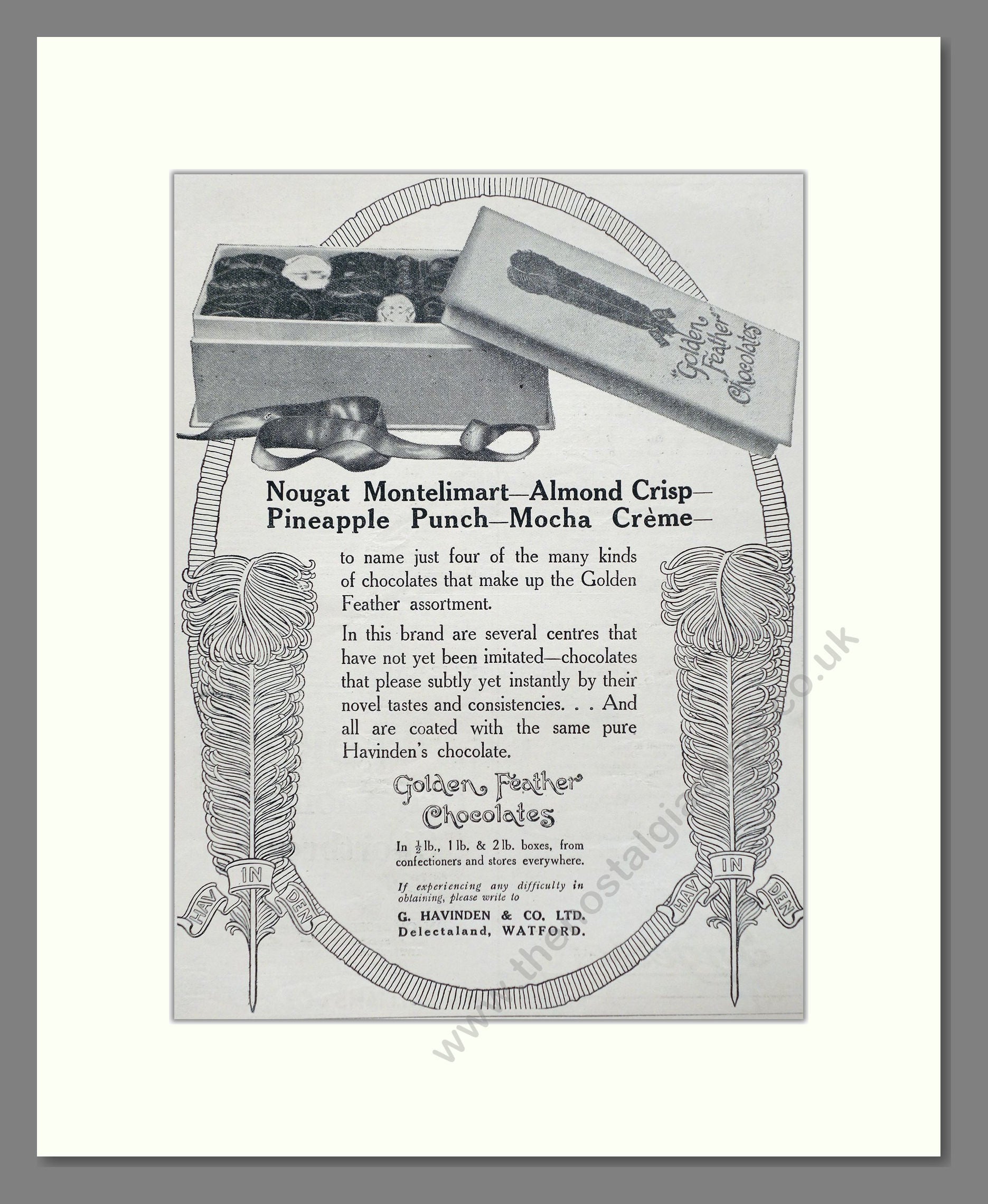 Havingden's - Golden Feather Chocolates. Vintage Advert 1920 (ref AD66881)